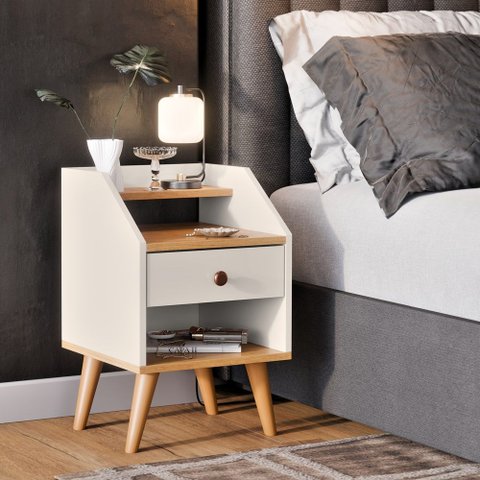 Mesa de Cabeceira para Quarto Retrô 1 Gaveta Puxador Rose Dakota - Off White/ Freijó