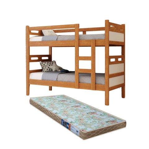 beliche jaspe que vira duas cama com grade fixa mdf com estrado madeira Nature/ Off com colchão D23 