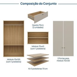 Guarda-Roupa 2 Módulos 2 Portas 3 Prateleiras 2 Gavetas Frame CabeCasa MadeiraMadeira - 4