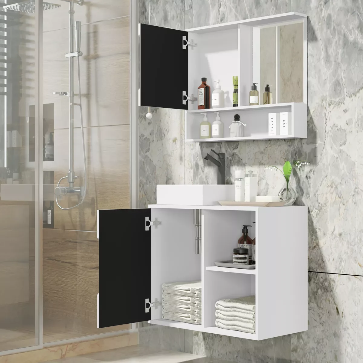 Ver imagem 2 de Kit Conjunto Gabinete Balcão Banheiro Espelheira Cuba Barém:branco/preto