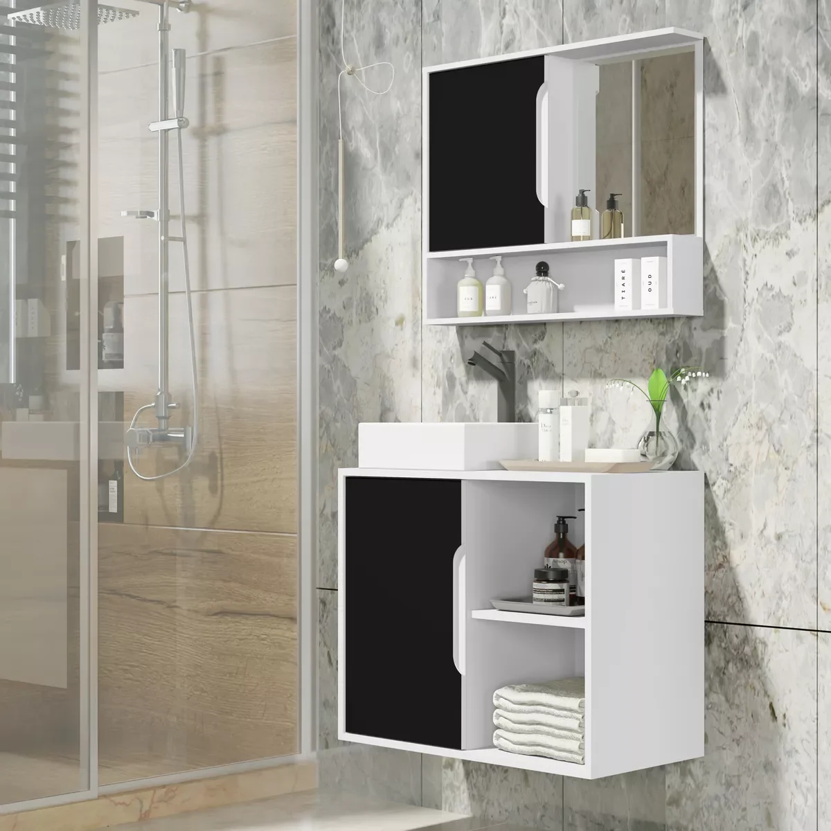 Ver imagem 1 de Kit Conjunto Gabinete Balcão Banheiro Espelheira Cuba Barém:branco/preto