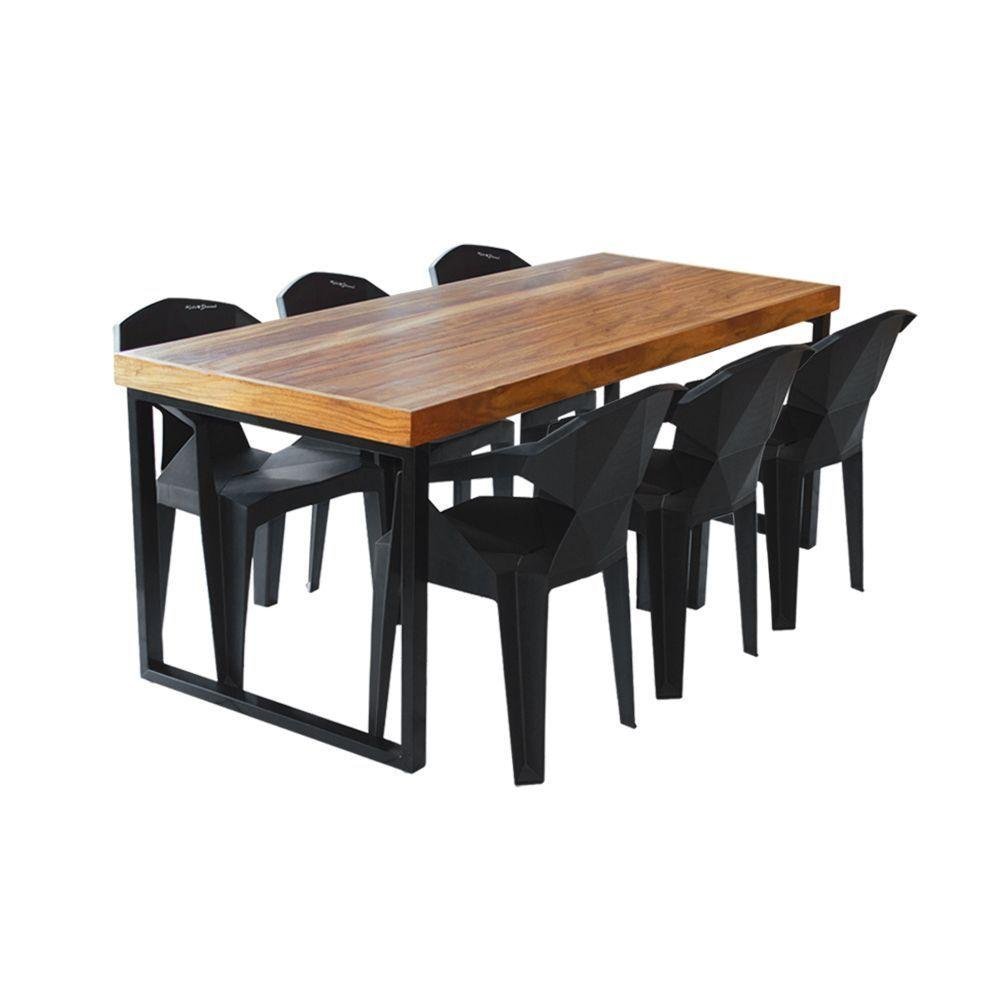 Conjunto Mesa Industrial 1,80 Ferragem Preta Com 6 Cadeiras New Alegra Preta Marrom - 1