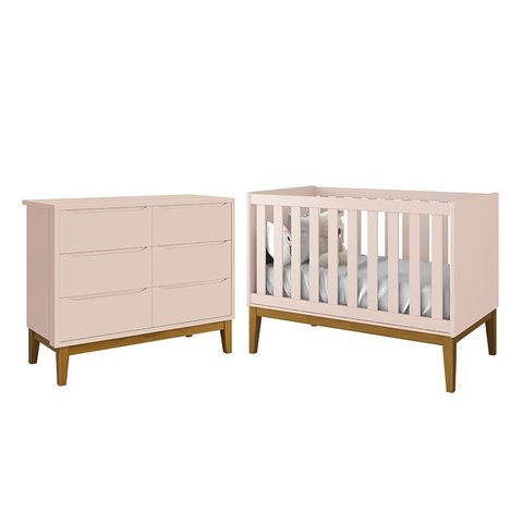 Jogo de Quarto Infantil Classic Cômoda 6 Gavetas e Berço Rosa Fosco com Pés Amadeirado - Reller Móve