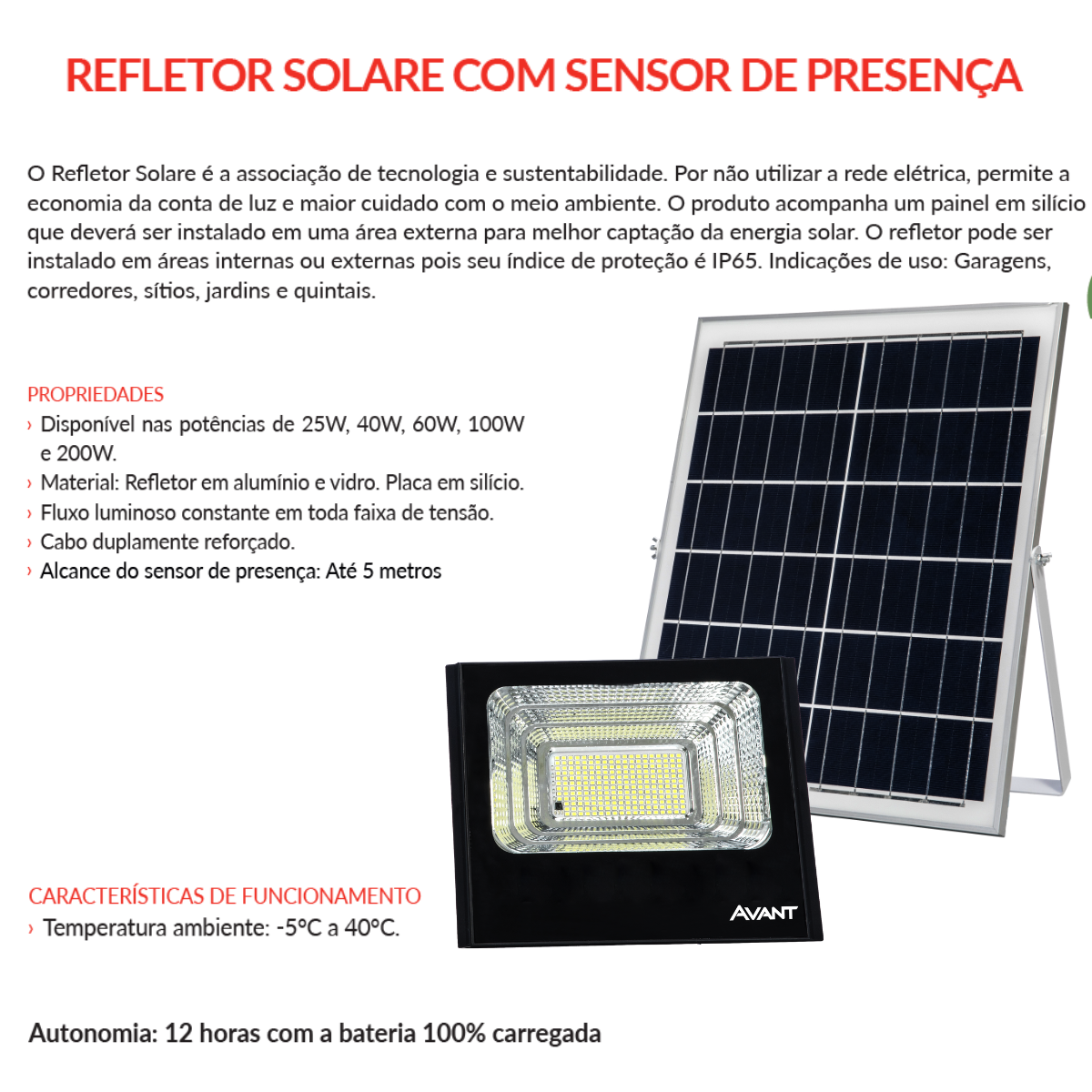 Refletor Solar Avant Ip65 6500k C/ Sensor Presenca 60w 23x18cm - 6