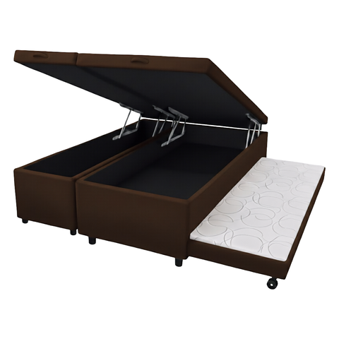 Cama Box Baú Casal Bipartido com Auxiliar Suede - Tabaco