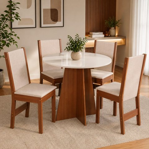 Mesa 4 Cadeiras Elane 90x90 Técido Linho Bege
