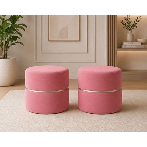 Kit Puff Cinta no Meio Prata em Tecido Veludo , Rosa Antigo- Let Móveis