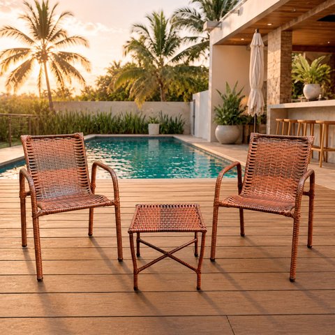 Cadeira Jardim Fibra Junco Reforçada com Braços Descanso (2 Cadeiras 1 Mesa)