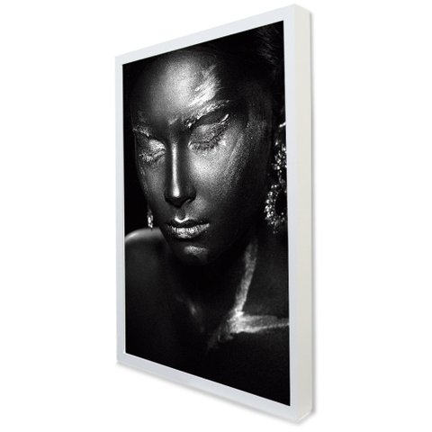 Quadro Decorativo Caixa a Face da Mulher em Preto e Branco Tacolado Moldura Caixa 3cm Branca sem Vid