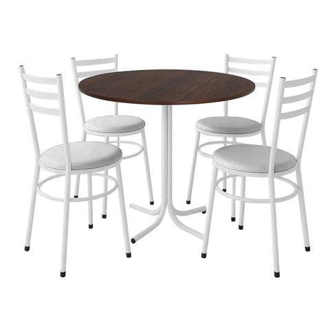 Mesa de Jantar Redonda 80cm Imbuia com 4 Cadeiras Estofada Branca