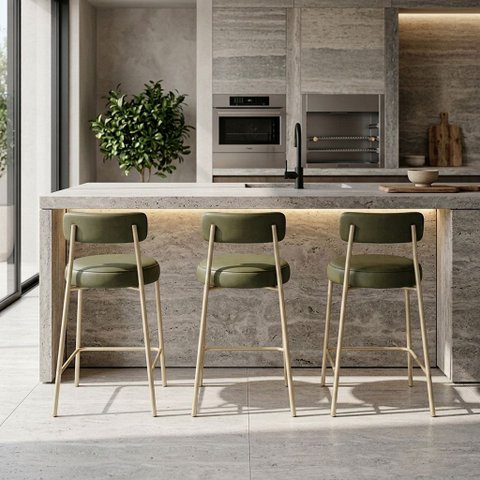 Banqueta Cozinha Média com Encosto Industrial Champanhe Kit 3 Londres PU Verde D03 - D'Rossi
