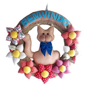 Guirlanda Bem Vindo Com Fuxico De Flores entrada de porta boas-vindas/bem-vindo: Gato