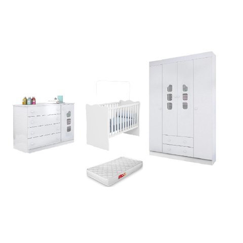Jogo de Quarto Infantil Roupeiro e Cômoda 100% MDF + Berço Mini Cama Doce Sonho Branco c/ Colchão