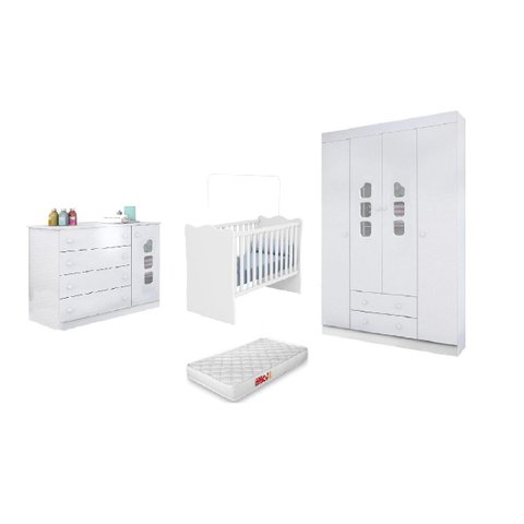 Jogo de Quarto Infantil Roupeiro e Cômoda 100% MDF + Berço Mini Cama Doce Sonho Branco c/ Colchão