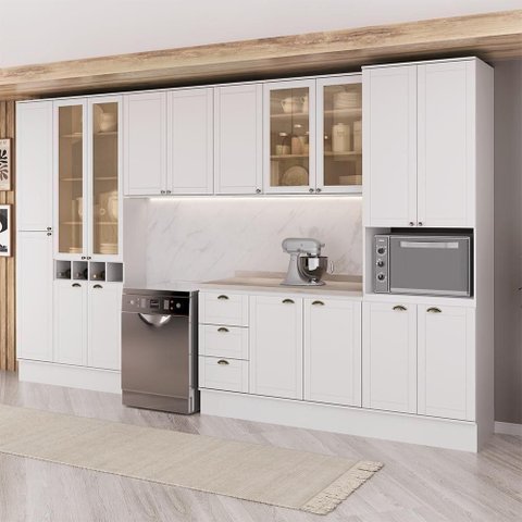 Cozinha Milla Emma Top 17 Portas 3 Gavetas MDF 380cm Branca Móveis Carraro