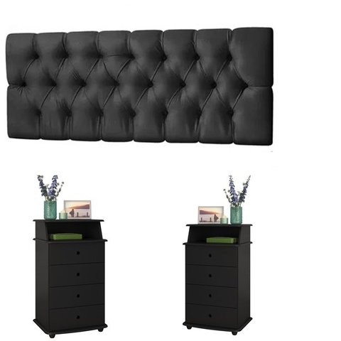 Conjunto Cabeceira Painel Paris 1,40 Capitone com Mesas de Cabeceira Luxo Ii Preto - Rede Móveis
