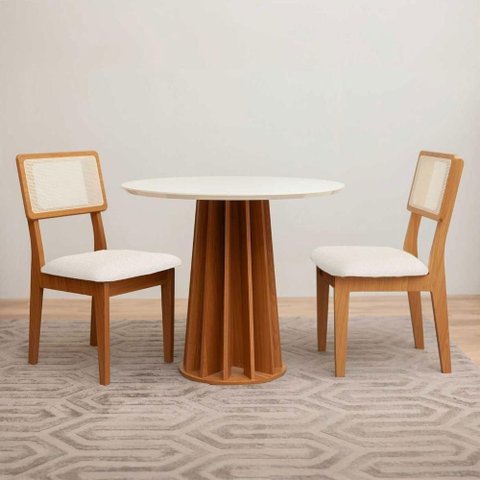 Mesa de Jantar 2 Lugares Tampo MDF Base Ripada Off White com Freijó e Cesare Claro 90cm Dalla Costa