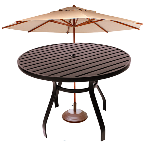 Conjunto Mesa Sevilha Redonda Ripada 1,20m em Alumínio + Ombrelone 3m com Base
