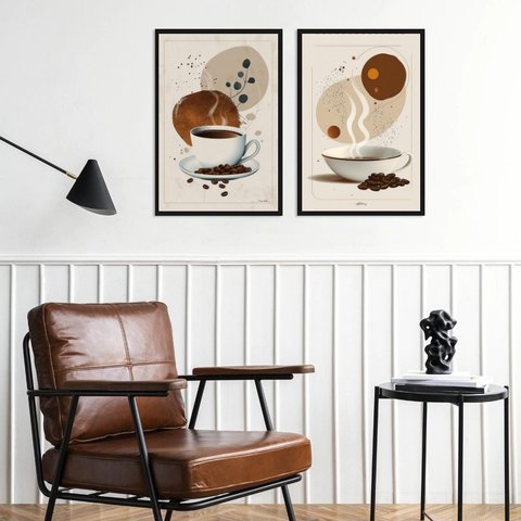 Kit 2 Quadros Decorativos Artes Cafés 24x18cm - com Vidro:moldura Preta