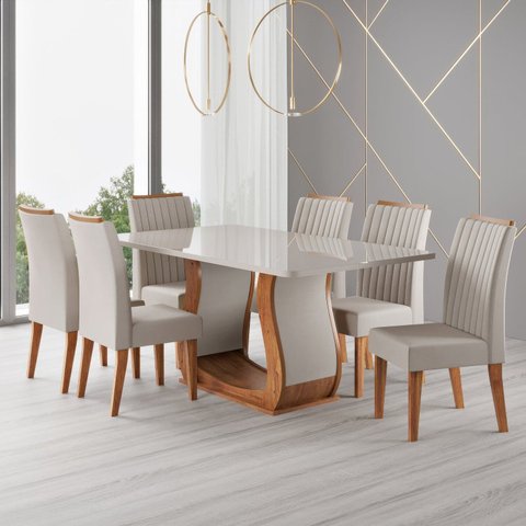 Conjunto Sala de Jantar Mesa 160x80,8cm Tampo com Vidro 6 Cadeiras Inspirare Yescasa