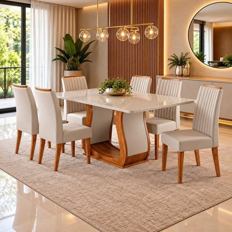 Conjunto Sala de Jantar Mesa 160x80,8cm Tampo com Vidro 6 Cadeiras Inspirare Yescasa Bege/Mel