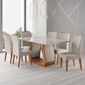 Conjunto Sala de Jantar Mesa 160x80,8cm Tampo com Vidro 6 Cadeiras Inspirare