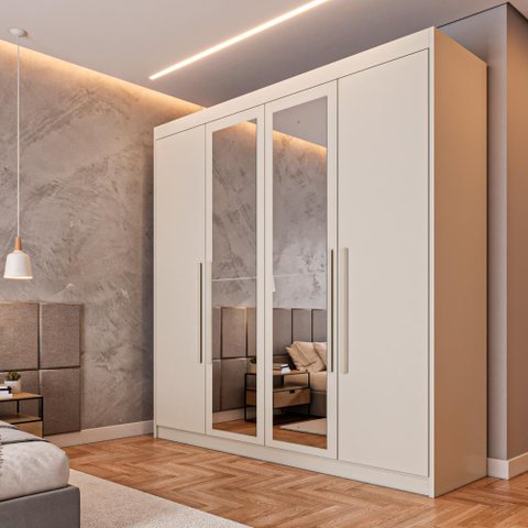 Guarda Roupa 4 Portas Aurora com Espelho Off White - Móveis Europa