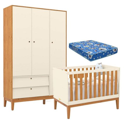 Berço Americano e Guarda Roupa Unique 3 Portas Off White Freijó Eco Wood com Colchão Ortobom - Matic