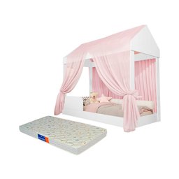 Cama Casinha Montessoriana Infantil com Colchão e Voal Rosa Crystal - 1