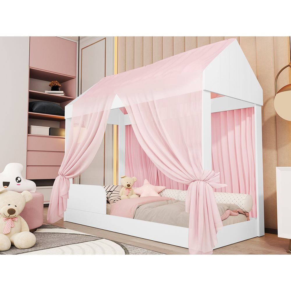 Cama Casinha Montessoriana Infantil com Colchão e Voal Rosa Crystal - 2