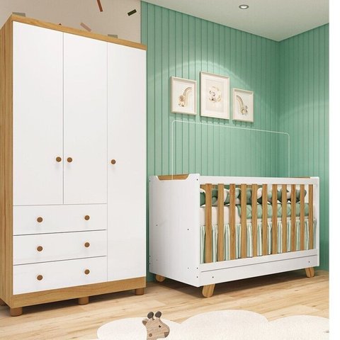 Quarto de Bebê com Guarda-Roupa 3 Portas e Berço 4 em 1 Minicama 100% MDF Mike Espresso Móveis Branc