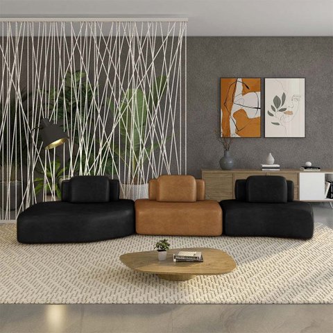 Sofá Ilha Sala de Estar Dakota 3 Módulos 454cm Encostos Almofadas Soltas Pu Preto/caramelo G33 - Gra