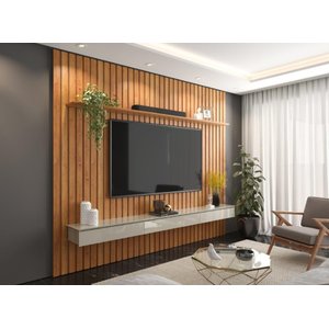 Painel Ripado Su 2.30m 3 Gavetões e Nicho para Tv até 75'' Cor Cinamomo / Off White Pt