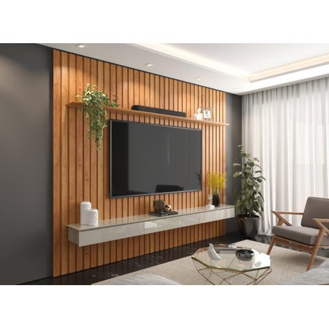 Painel Ripado Su 2.30m 3 Gavetões e Nicho para Tv até 75'' Cor Cinamomo / Off White Pt