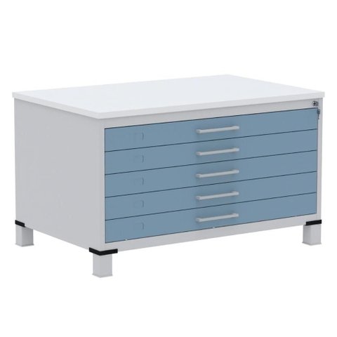 Mapoteca 5 Gavetas Pandin 120cm (larg) Tampo Mdp Branco Estrutura Aço Cinza Gaveta Azul Dali
