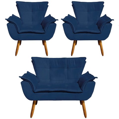 Conjunto 2 Poltronas e 1 Namoradeira Pés Palito Charger Suede Azul Marinho - Gran Belo