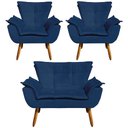 Ver imagem 1 de Conjunto 2 Poltronas e 1 Namoradeira Pés Palito Charger Suede Azul Marinho - Gran Belo