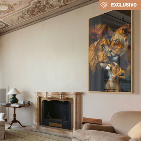 Quadro Decorativo Família Leão Leoa com Um Filhote Sala Quarto Casa Escritório