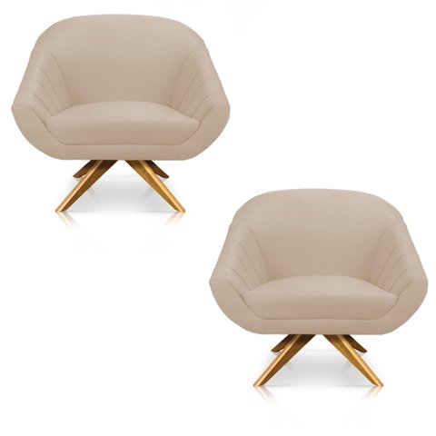 Kit 02 Poltronas Giratória Giovana Suede Bege Base Madeira MA30 - D’Rossi