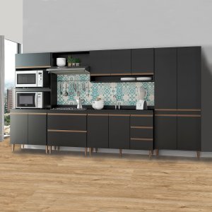 Cozinha Modulada Completa com Torre Quente Forno Sabrina 360x202cm 6 Peças Mdp Preto Menu Móveis
