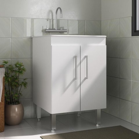 Tanque de Lavanderia com Gabinete 45L de Mármore para Lavar Roupas 2 Portas T00D601 Branco - Ozini