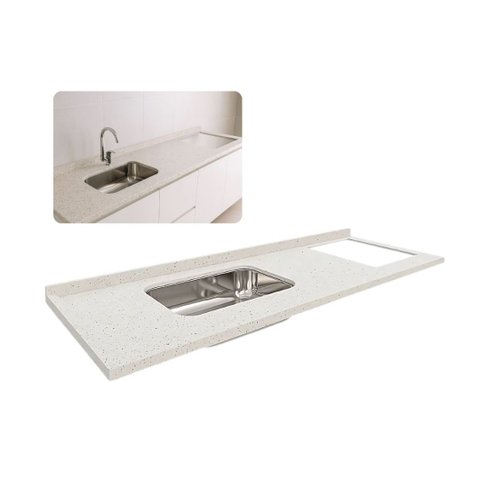 Pia Cozinha Granito Branco 200cm c/Parte Cooktop e Cuba Inox: Branco Pitaya