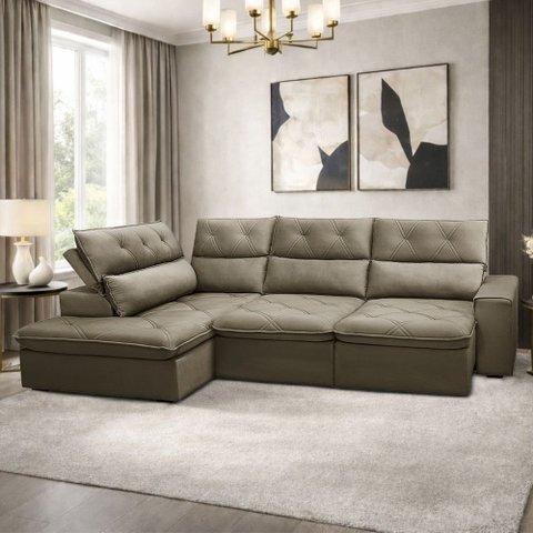 Sofá 3 Lugares Retrátil Reclinável Chaise Esquerdo 258cm Bergen F04 Veludo Amêndoa - Lyam Decor