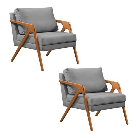 Kit 2 Poltronas Mona Monique Luxo Base Madeira Maciça Cerejeira Veludo Cinza