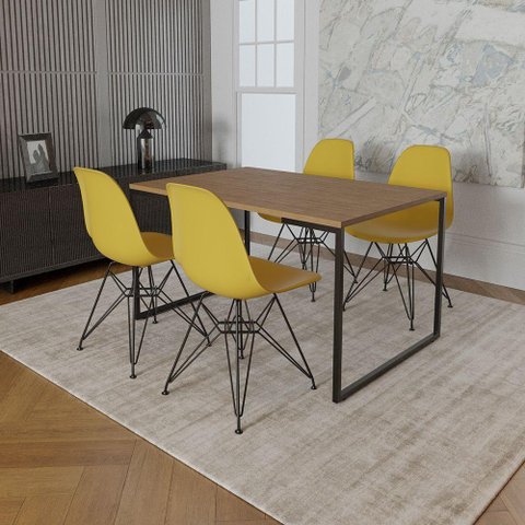 Mesa Industrial Base Ferro Preto 137x90 Tampo Amêndoa 4 Cadeiras Eiffel Ferro Preto Assento Amarelo