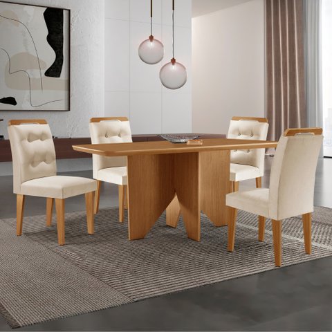 Mesa de Jantar Evora 120cm Mdf Canto Copo e 4 Cadeiras Carol