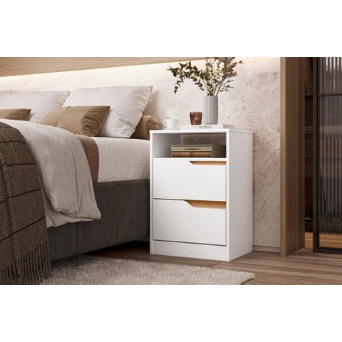 Mesa de Cabeceira para Quarto com 2 Gavetas Sole - Branco Freijo Flex - Albatroz