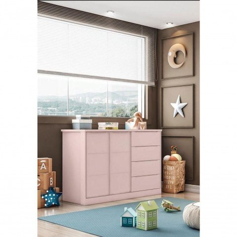 Cômoda Pérola Rosê 4 Gavetas MDF Puxador de Metal Rosa Phoenix Baby 128cm