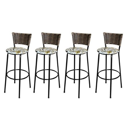 Jogo 4 Banqueta Alta Para Cozinha Ratan Cappuccino Preta Estofado Floral  Floral 