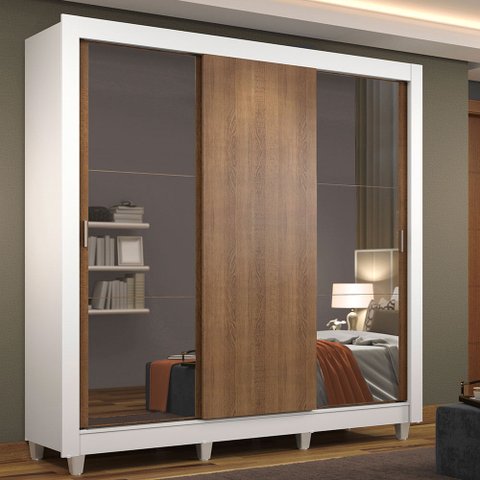 Guarda-Roupa Casal Madesa Mônaco 3 Portas de Correr com Espelhos com Pés Branco/Rustic Cor:Branco/Ru